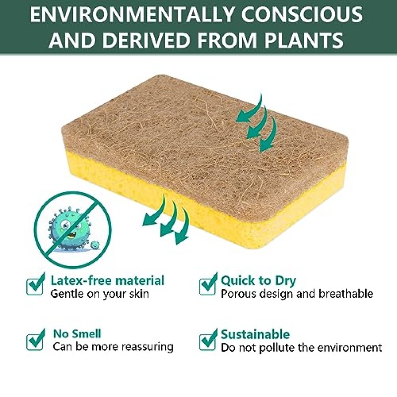 천연 스폰지,주방용 스폰지,코코넛 섬유 및 목재 셀룰로오스로 만든 스폰지,스크래치 방지 냄새 없는 청소용 스폰지,퇴비화 가능,재사용 가능한 설거지용 접시 스폰지,주방 스폰지 팩(12팩)