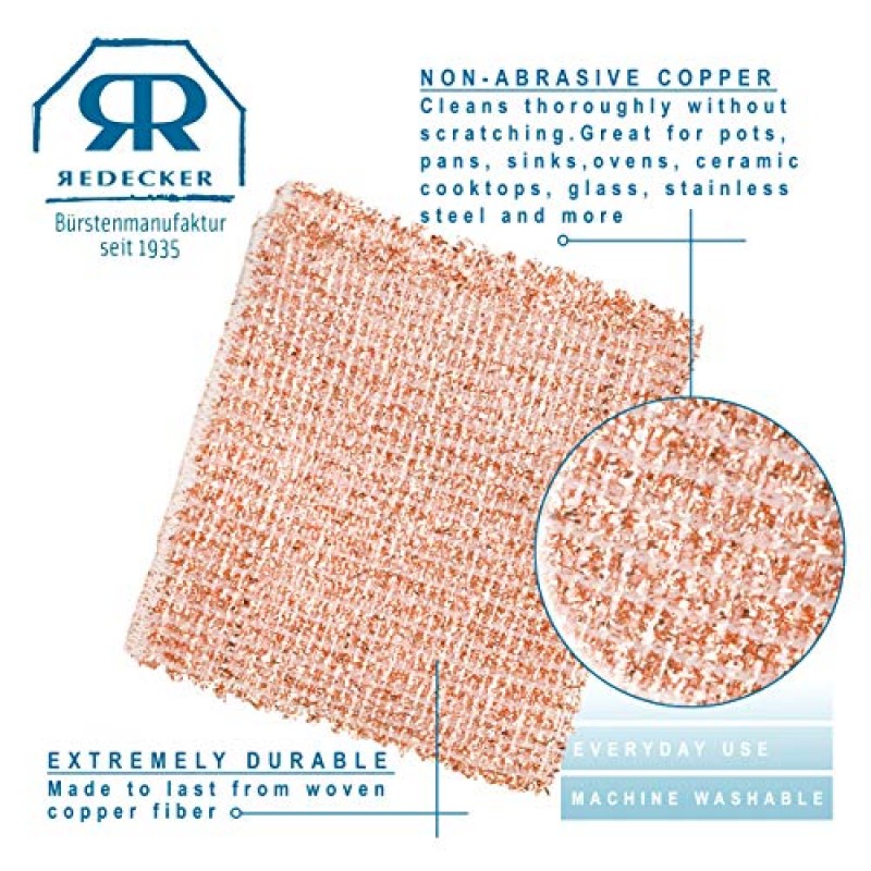 REDECKER 2겹 직조 구리 수세미 천 - 내구성이 뛰어나고 마모성이 없는 수세미, 기계 세탁 가능, Chore Boy 구리 수세미 대체품, 구리 수세미 패드 및 브릴로 패드, 2개 세트