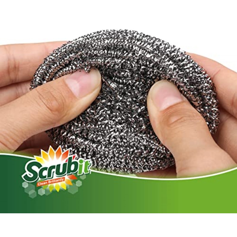 Scrub It의 스테인리스 스틸 수세미 12개 팩 – 접시, 냄비, 팬, 오븐에 사용되는 스틸 울 수세미 패드. 힘든 주방 청소를 위한 손쉬운 수색. (XX 대형(100그램))