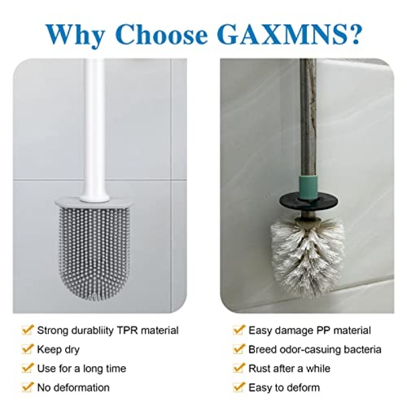 GAXMNS 실리콘 변기 브러시 및 홀더 구부릴 수 있는 효율적인 청소 긴 손잡이가 있는 벽 장착형 변기 브러시 브러시 헤드 및 실리콘 강모 녹슨 손잡이 문제 없음(흰색)
