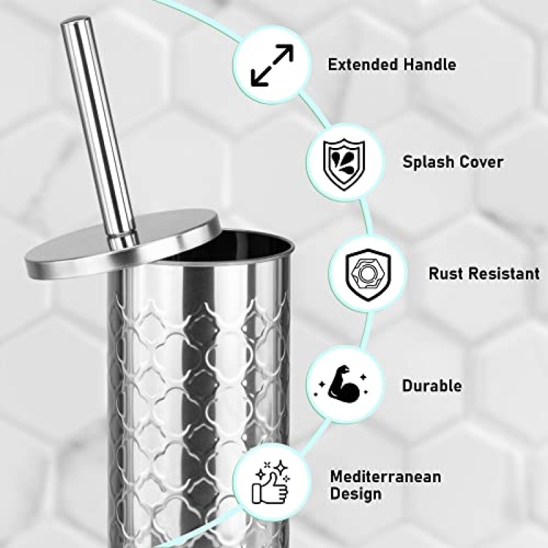 홀더가 있는 DecorRack 2 변기 브러시, 깊은 청소를 위한 내구성이 뛰어난 수세미가 포함된 스테인리스 스틸 변기 브러시 세트, 4중포일 패턴(2팩)