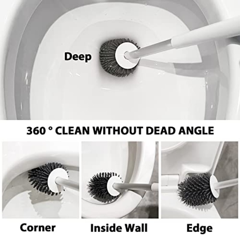 SDARIS 2 팩 변기 브러시 및 홀더, 욕실 액세서리 실리콘 강모가 있는 변기 클리너, 청소 용품 깊은 청소를 위한 긴 알루미늄 손잡이가 있는 변기 클리너 브러시