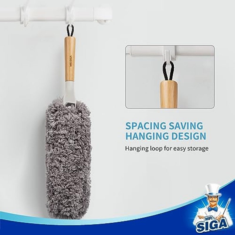 MR.SIGA 보풀이 없는 극세사 먼지떨이, 대나무 손잡이와 교체 가능한 헤드가 있는 세척 ​​및 재사용이 가능한 먼지떨이, 가정용 청소용 먼지떨이