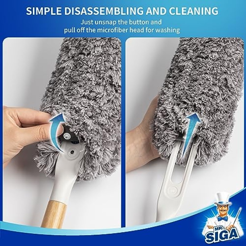 MR.SIGA 보풀이 없는 극세사 먼지떨이, 대나무 손잡이와 교체 가능한 헤드가 있는 세척 ​​및 재사용이 가능한 먼지떨이, 가정용 청소용 먼지떨이