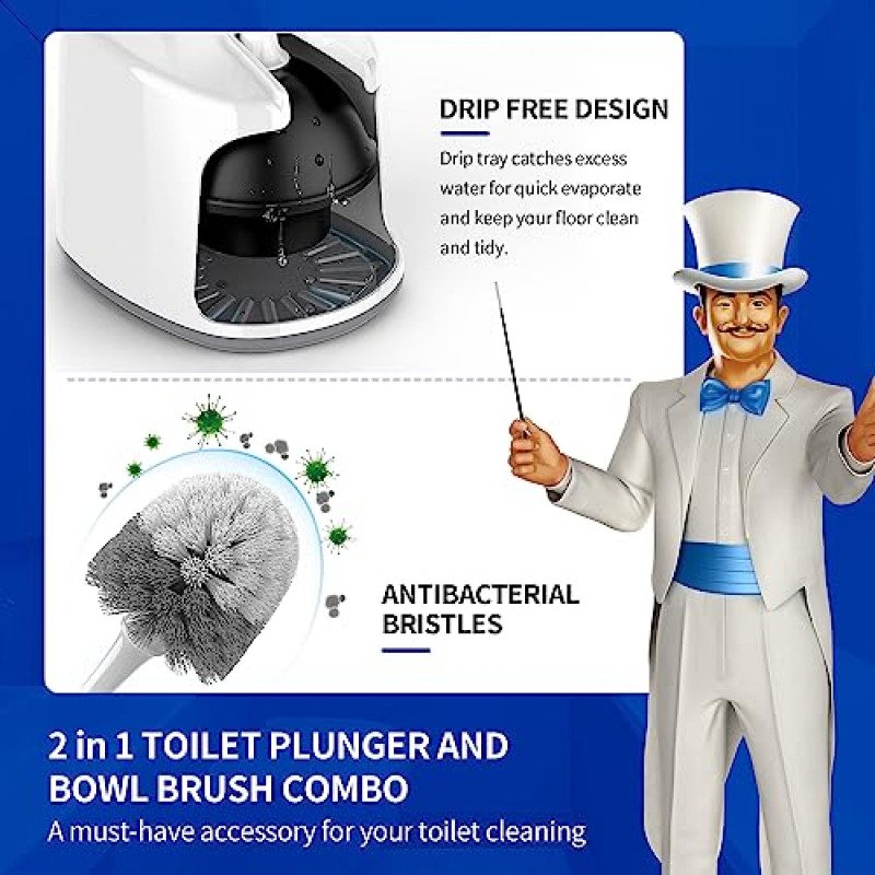 MR.SIGA 화장실 플런저 및 홀더가 있는 그릇 브러시, 욕실 청소용 튼튼한 화장실 브러시 및 플런저 세트, 흰색, 1 세트