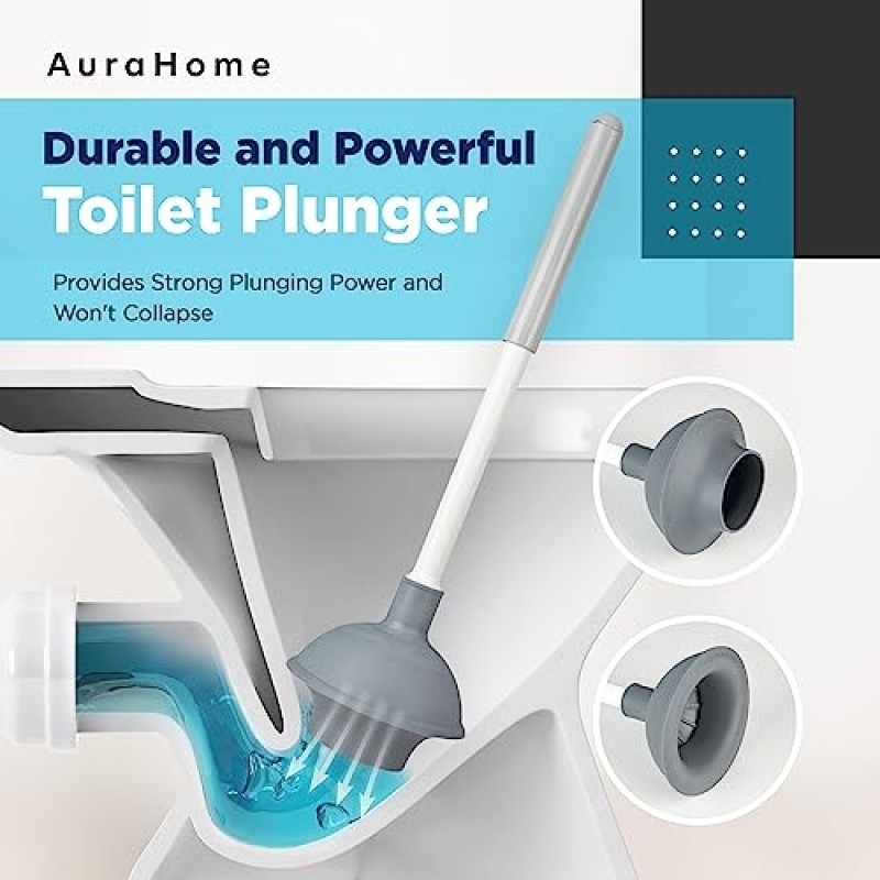 AuraHome 2-in-1 변기 플런저 및 브러시 콤보 세트(캐디 홀더 포함) 튼튼한 욕실 청소 도구 심층 청소를 위한 숨겨진 변기 플런저 및 브러시(1 세트, 흰색)