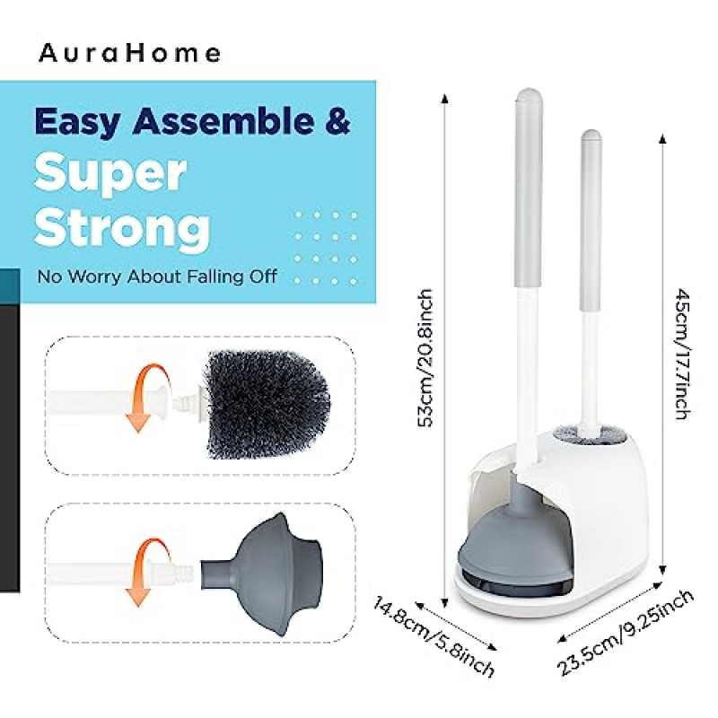 AuraHome 2-in-1 변기 플런저 및 브러시 콤보 세트(캐디 홀더 포함) 튼튼한 욕실 청소 도구 심층 청소를 위한 숨겨진 변기 플런저 및 브러시(1 세트, 흰색)