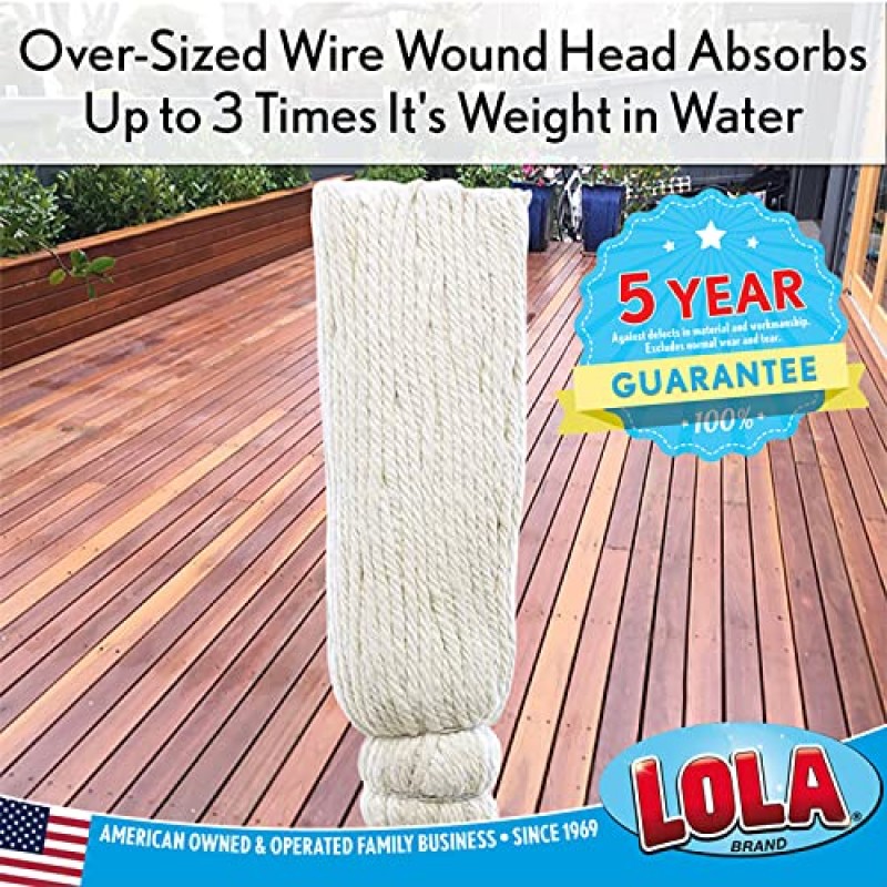 Lola Products 면 데크 걸레(권선형 헤드 포함) | 오래 지속되는 4겹 면사는 무게의 최대 4배에 달하는 물을 흡수합니다 | 헤비 듀티, 내구성 및 초흡수성 면 걸레 헤드 | 와이어 상처