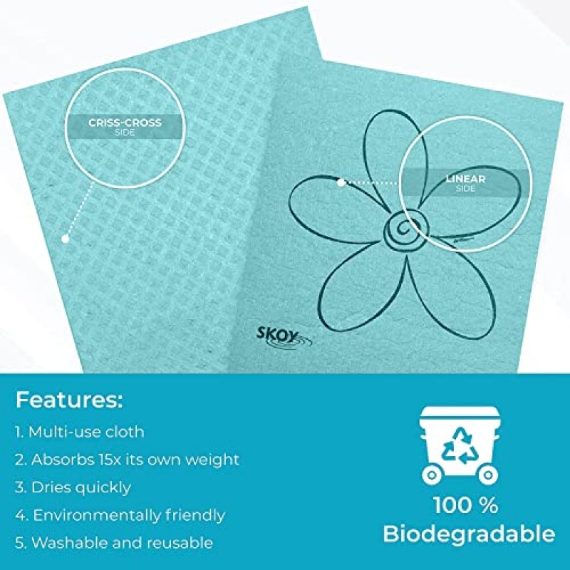 Skoy Cloth, 8팩 친환경 및 재사용 가능한 스웨덴 행주, 주방 및 가정용, 환경 친화적, 식기세척기 사용 가능, 플라스틱이 없는 포장, 청록색