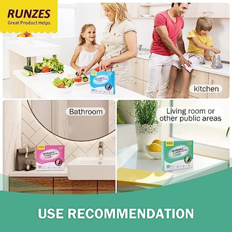 RUNZES 헤비 듀티 재사용 가능 천 90개 가정용 청소용 다용도 건식 물티슈, 파란색, 분홍색, 녹색