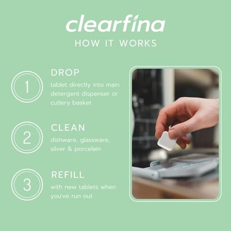 CLEARFINA 식기세척기 세제 무향 플라스틱 무첨가 친환경 액체 포드 또는 시트 대체 천연, 지속 가능한 40가지 세척