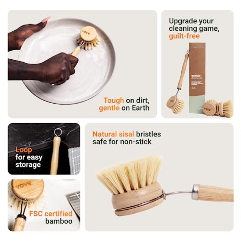 보브 | 대나무 접시 브러쉬 | 3개의 교체 헤드로 오래 지속되는 브러시 | 천연 강모 | 친환경 | 냄비 팬 접시 그릇 세척 및 청소용 나무 접시 브러시 |