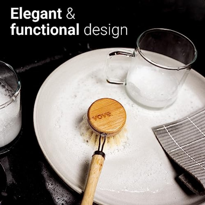 보브 | 대나무 접시 브러쉬 | 3개의 교체 헤드로 오래 지속되는 브러시 | 천연 강모 | 친환경 | 냄비 팬 접시 그릇 세척 및 청소용 나무 접시 브러시 |