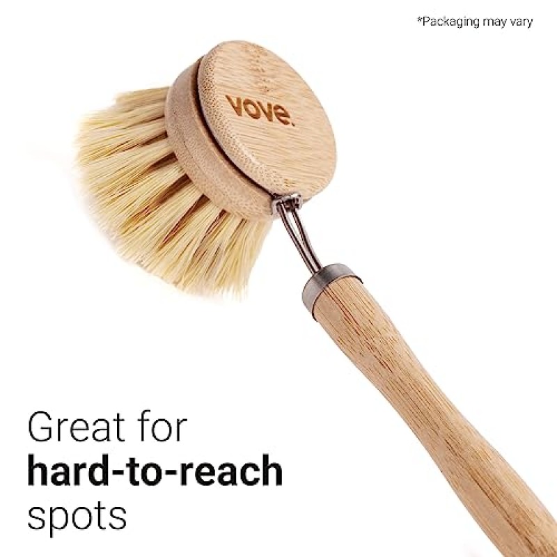 보브 | 대나무 접시 브러쉬 | 3개의 교체 헤드로 오래 지속되는 브러시 | 천연 강모 | 친환경 | 냄비 팬 접시 그릇 세척 및 청소용 나무 접시 브러시 |
