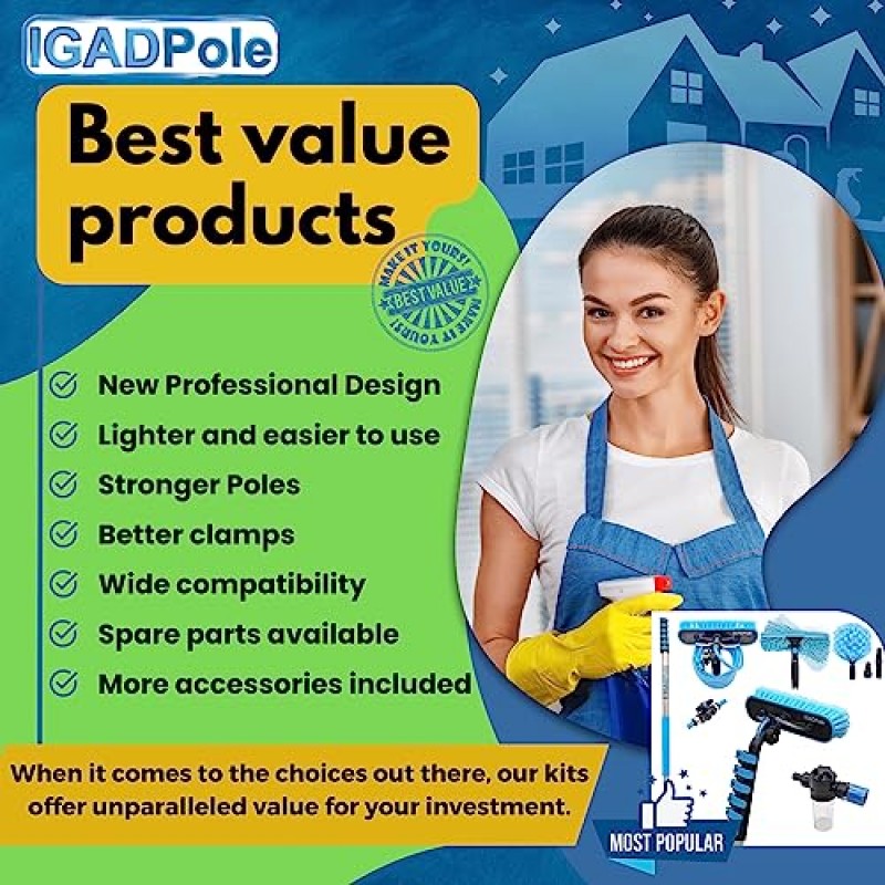 IGADPole 2-in-1 콤보 창 클리너 - (12피트/3.6m) 전문 창 세척 장비 - 가정용 창 클리너 키트 - 가정용 및 실외용 연장 폴이 있는 스퀴지 및 스크러버 클리너 도구