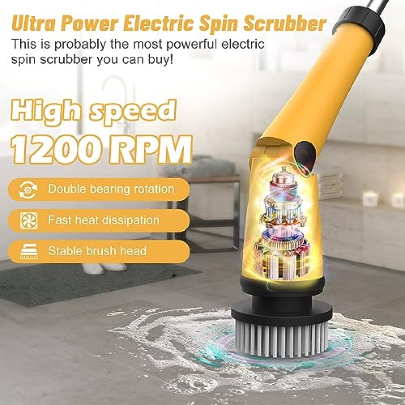 qimedo 1200RPM 배터리 전기 스핀 스크러버, 스마트 디스플레이를 갖춘 매우 강력한 무선 청소 브러시, 8개 브러시가 포함된 전기 타일 바닥 스크러버, 배터리로 작동되는 샤워 스크러버