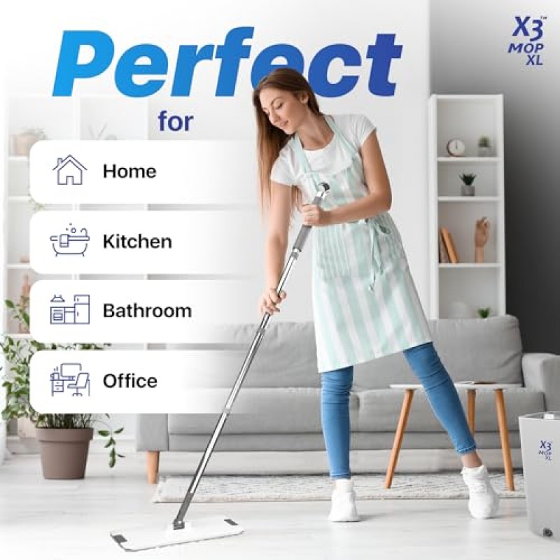 X3 Mop XL, 더러운 물과 깨끗한 물 분리, 3챔버 디자인, 플랫 걸레 및 버킷 세트, 핸즈프리 홈 바닥 청소, 재사용 가능한 극세사 걸레 패드 3개 포함