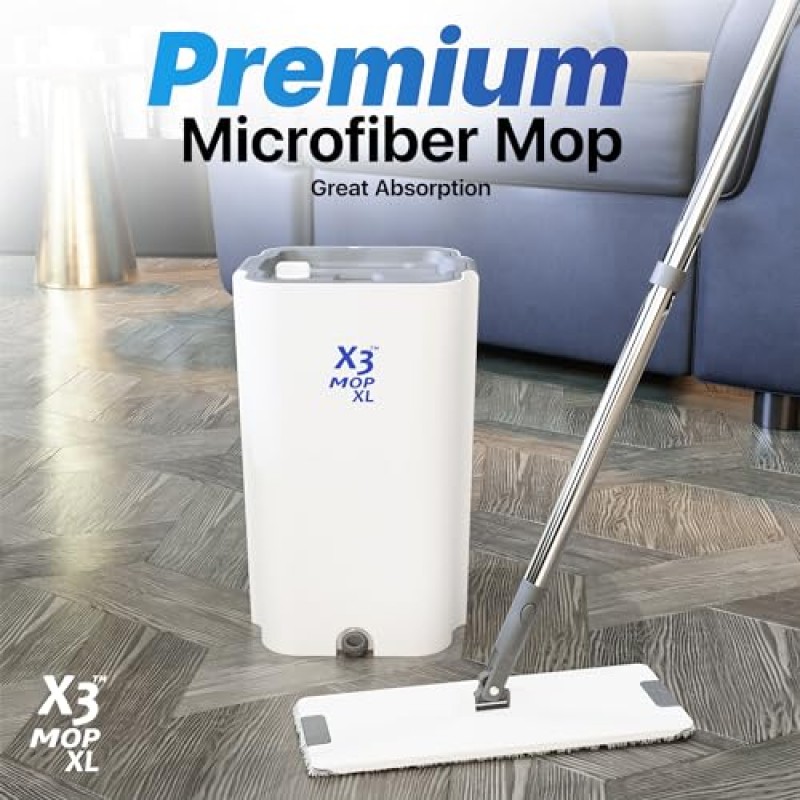 X3 Mop XL, 더러운 물과 깨끗한 물 분리, 3챔버 디자인, 플랫 걸레 및 버킷 세트, 핸즈프리 홈 바닥 청소, 재사용 가능한 극세사 걸레 패드 3개 포함