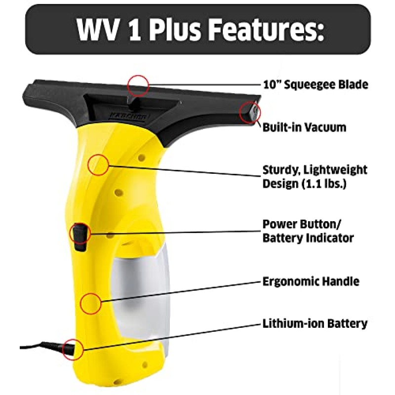 Kärcher - WV 1 Plus - 2-in-1 창용 진공 스퀴지 - 샤워기, 거울, 유리 및 조리대용 - 10인치 스퀴지 블레이드