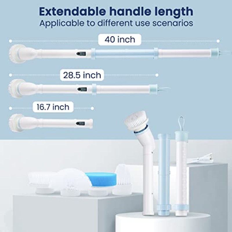 전기 스핀 스크러버, 조정 가능한 확장 암이 있는 Vuitte 무선 청소 브러시 ​​교체 가능한 청소 헤드 4개, 욕실, 욕조, 타일, 바닥용 파워 샤워 스크러버