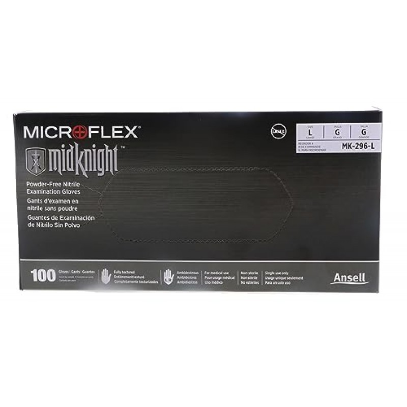 Microflex 296-L MidKnight 흑색 무분말 니트릴 검사 장갑 - LARGE-100/박스당(5팩)