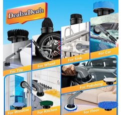 DealsuDeals 전기 스핀 스크러버, 어댑터가 포함된 무선 청소 브러시 ​​및 교체 헤드 8개, 충전식 샤워 스크러버 확장 암 및 욕조 타일 바닥용 조절 가능한 속도 2개