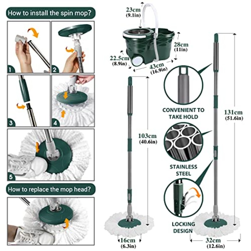 ZNM 회전 걸레 및 물걸레 세트가 포함된 버킷, 바퀴 360개, 바닥 청소용 스테인레스 스틸 확장 손잡이가 있는 회전 걸레 시스템, 극세사 교체 헤드 5개 및 청소 브러시