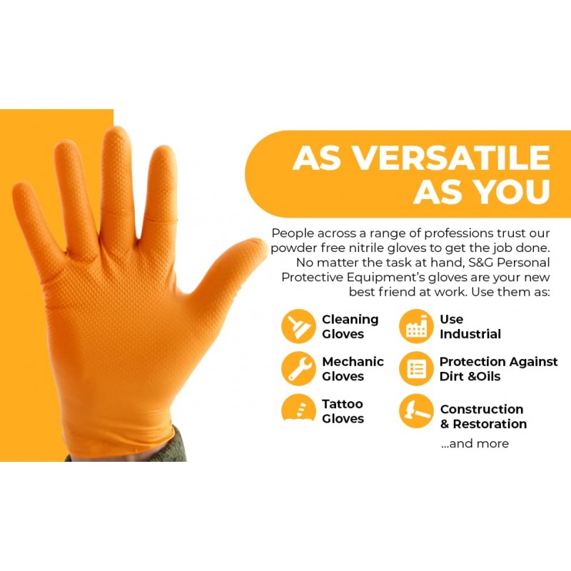 S&G 오렌지 니트릴 장갑 – 일회용 라텍스 무첨가 – 8Mil 두께의 고강도 – 기계, 산업용 무분말