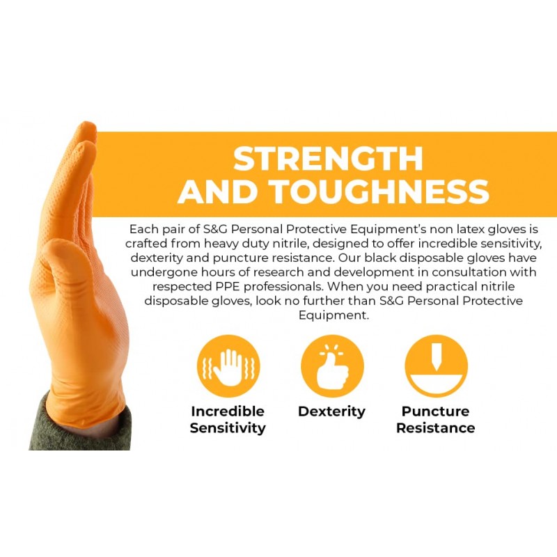 S&G 오렌지 니트릴 장갑 – 일회용 라텍스 무첨가 – 8Mil 두께의 고강도 – 기계, 산업용 무분말