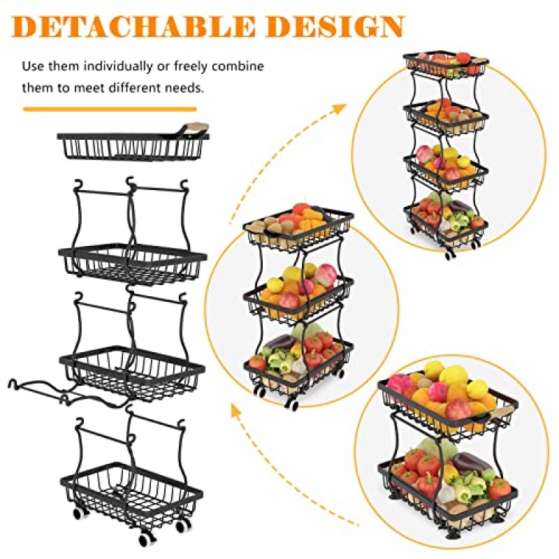 OKZEST 4단 슬림 과일 바구니, 스낵 생산을 위한 와이어 과일 바구니 스탠드 주최자 양파 감자 과일 야채, 주방, 식품 저장실의 작은 공간을 위한 바퀴가 달린 롤링 스토리지 랙