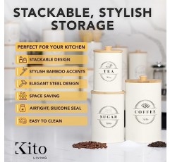 주방 카운터용 Kito LIVING 캐니스터 세트 3개, 나무 대나무 뚜껑이 있는 밀폐형 설탕 차 커피 용기, 식료품 저장실용 강철 식품 저장 용기(크림)