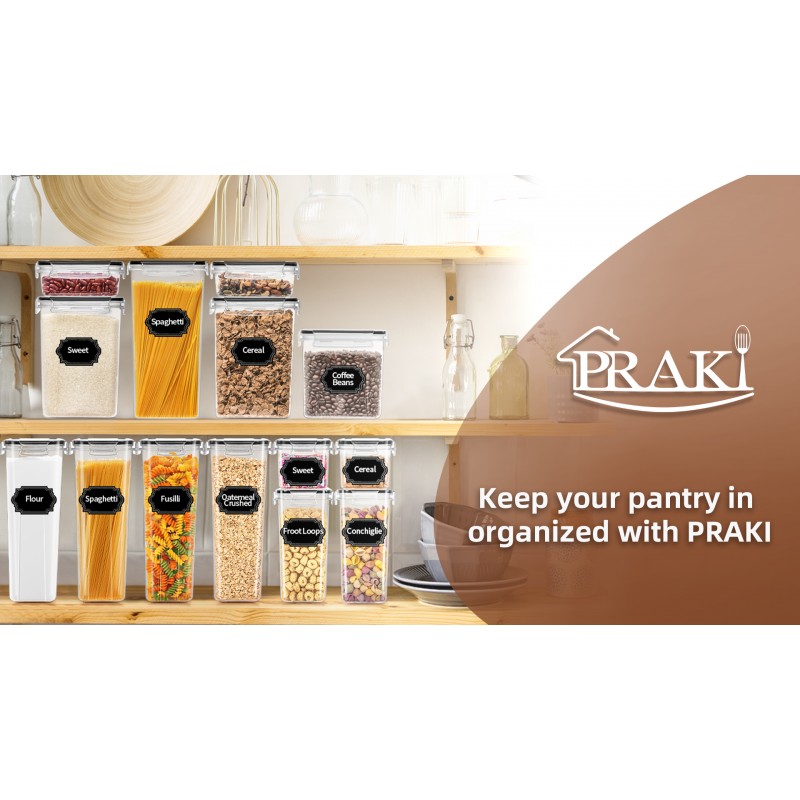 PRAKI 밀폐 식품 저장 용기 세트, 16개 BPA 프리 주방 식료품 저장실 조직 및 보관을 위한 플라스틱 건조 식품 용기 시리얼, 밀가루 및 설탕 - 라벨, 마커(검은색)에 이상적