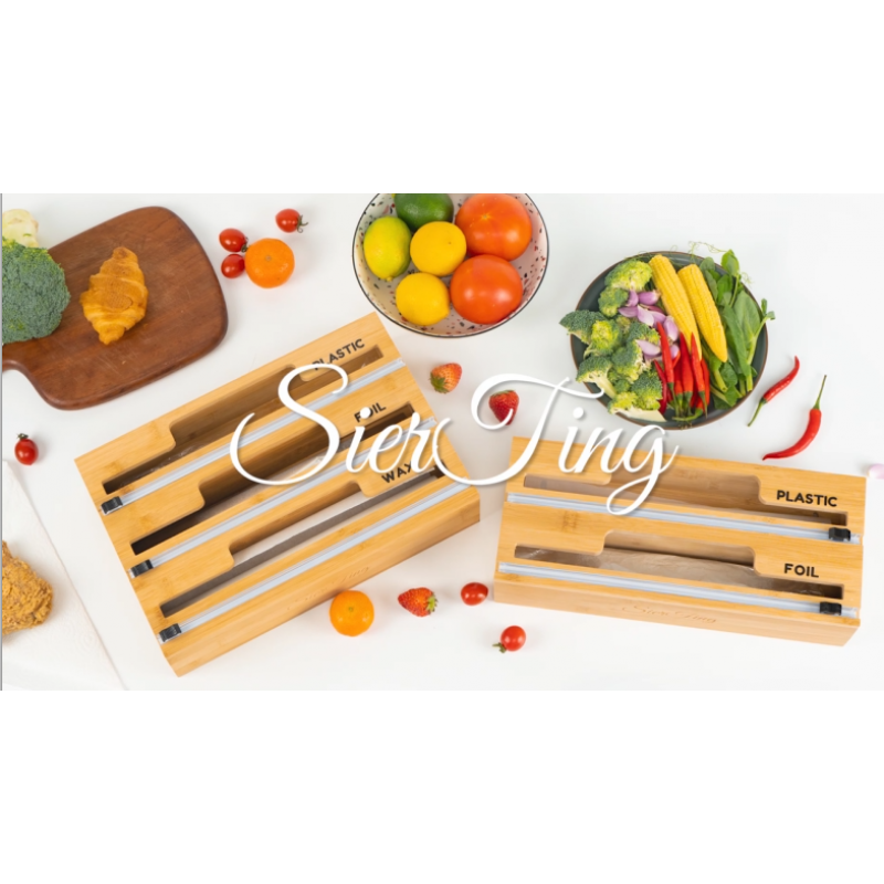 커터 2 in 1을 갖춘 대나무 플라스틱 랩 디스펜서 | 주방 서랍용 알루미늄 호일, 플라스틱 랩 및 왁스 종이 디스펜서 | 12인치 롤과 호환되는 식품 포장 정리 및 보관 가능