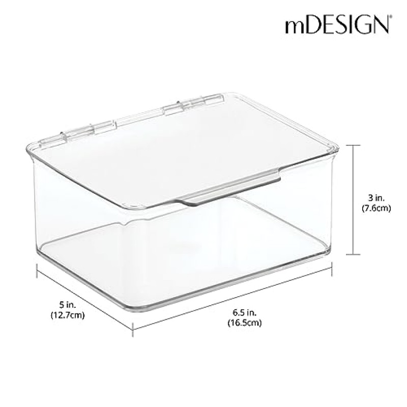 mDesign 플라스틱 주방 식료품 저장실 및 냉장고 보관 정리 상자 선반 또는 캐비닛용 경첩 뚜껑이 있는 용기, 음식, 스낵, 조미료, 조미료, 기구, Lumiere 컬렉션, 4팩, 투명 보관