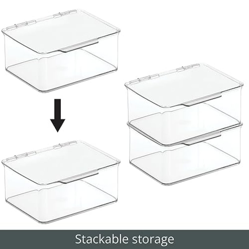 mDesign 플라스틱 주방 식료품 저장실 및 냉장고 보관 정리 상자 선반 또는 캐비닛용 경첩 뚜껑이 있는 용기, 음식, 스낵, 조미료, 조미료, 기구, Lumiere 컬렉션, 4팩, 투명 보관