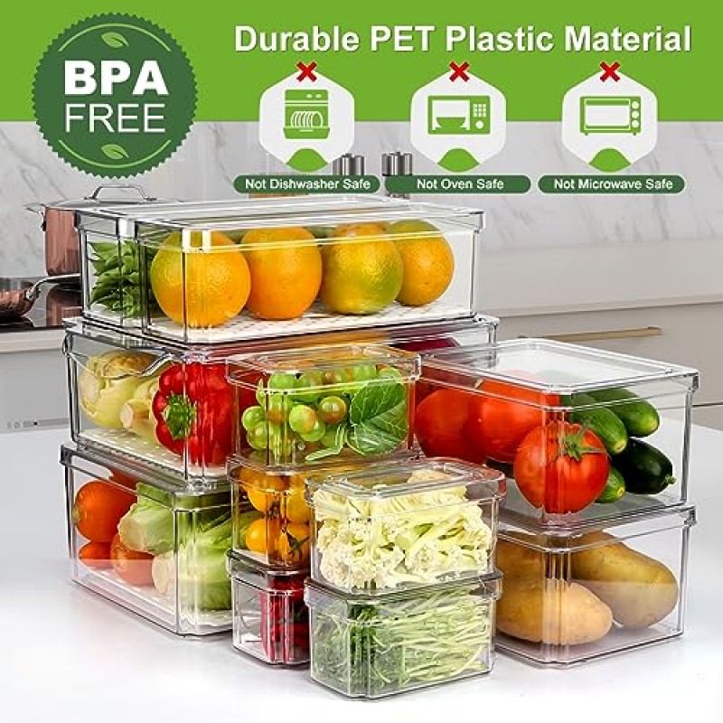 RIKOJUXI 14개 냉장고 정리함 세트, 뚜껑이 있는 BPA 프리 쌓을 수 있는 냉장고 정리함, 냉장고 정리함 및 보관함 과일, 야채, 식품, 음료용 투명 냉장고 보관 용기