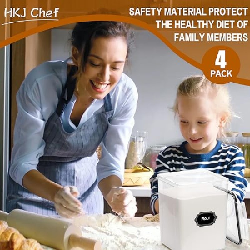 HKJ Chef 4팩 뚜껑이 있는 대형 밀폐 식품 저장 용기(5.2L/176oz), BPA 프리 플라스틱 주방 및 식품 저장실 정리용 시리얼 및 밀가루용 용기-라벨 및 계량 컵 및 마커