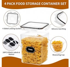 HKJ Chef 4팩 뚜껑이 있는 대형 밀폐 식품 저장 용기(5.2L/176oz), BPA 프리 플라스틱 주방 및 식품 저장실 정리용 시리얼 및 밀가루용 용기-라벨 및 계량 컵 및 마커
