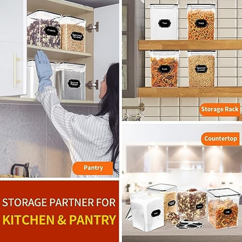 Skroam 4PCS 뚜껑이 있는 밀폐 식품 보관 용기 5.2L/176oz, 식료품 저장실 주방 정리 및 보관용 밀가루 보관 용기, 식료품 저장실용 보관 용기, 측정 컵 및 20개 라벨