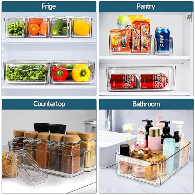 NISILIN 14 팩 냉장고 정리함 및 보관 - 뚜껑이 있는 냉장고 정리함, BPA 없는 냉장고 정리함, 냉장고용 과일 보관 용기, 야채, 식품, 음료, 시리얼, 투명