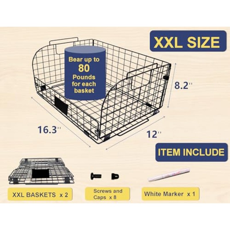 보관 식품 저장실용 XXL 쌓을 수 있는 와이어 바구니, 주방 캐비닛용 과일 바구니, 정리용 16.3'x12'x8.2' 금속 바구니, 야채 과일 스낵 칩 양파 감자 캔 조직(2 팩)