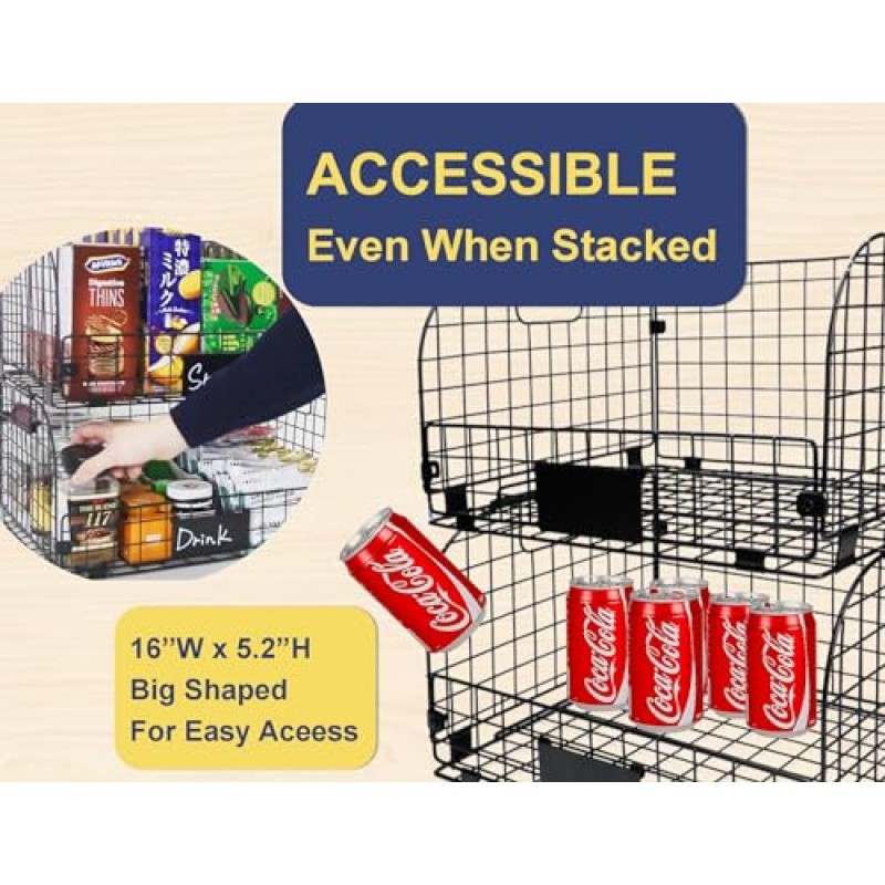 보관 식품 저장실용 XXL 쌓을 수 있는 와이어 바구니, 주방 캐비닛용 과일 바구니, 정리용 16.3'x12'x8.2' 금속 바구니, 야채 과일 스낵 칩 양파 감자 캔 조직(2 팩)