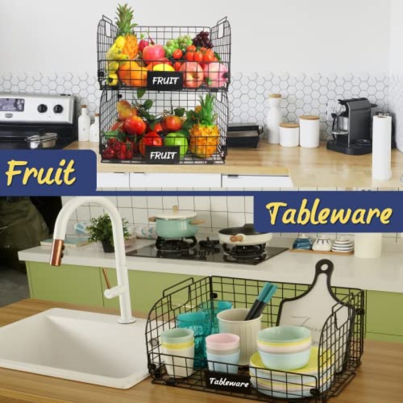 보관 식품 저장실용 XXL 쌓을 수 있는 와이어 바구니, 주방 캐비닛용 과일 바구니, 정리용 16.3'x12'x8.2' 금속 바구니, 야채 과일 스낵 칩 양파 감자 캔 조직(2 팩)