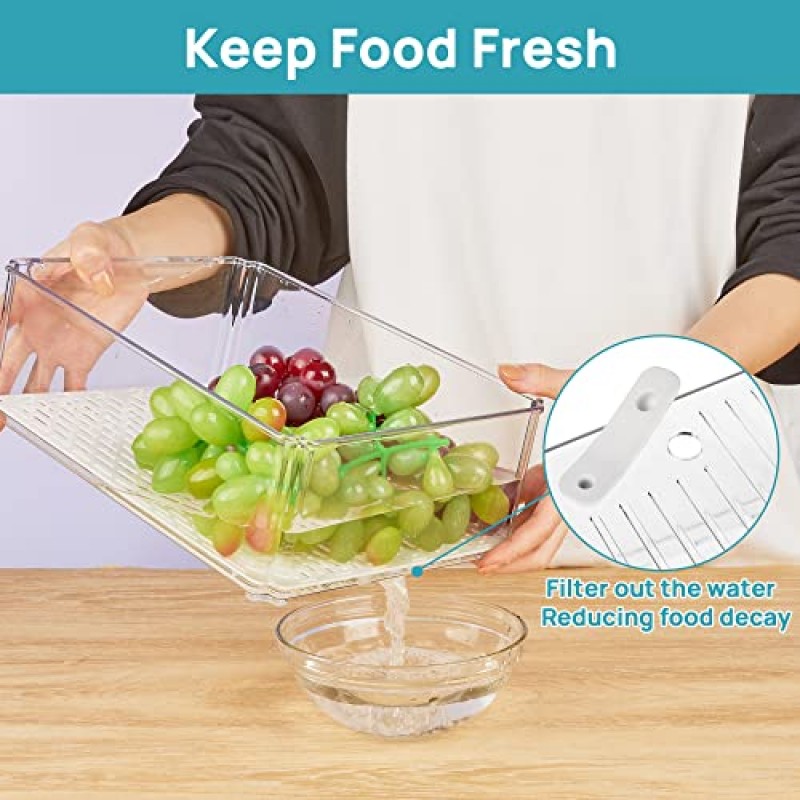 Vtopmart 냉장고 정리함 7개 세트, 냉장고용 쌓을 수 있는 과일 보관 용기, 뚜껑이 있는 냉장고 정리함 및 보관함, 야채, 과일, 음식, 음료용 배수 트레이가 있는 BPA 프리 냉장고 정리함