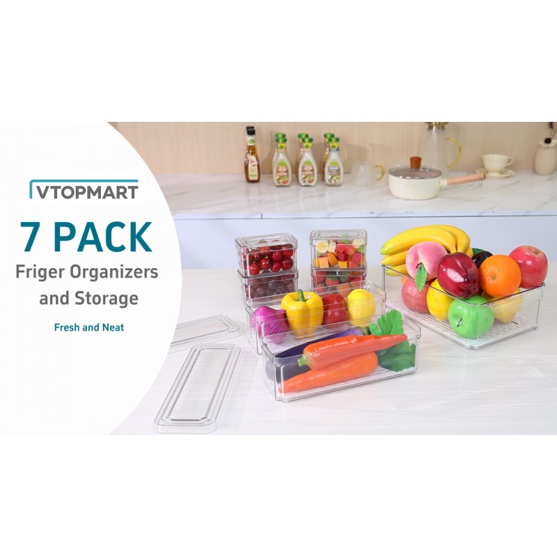 Vtopmart 냉장고 정리함 7개 세트, 냉장고용 쌓을 수 있는 과일 보관 용기, 뚜껑이 있는 냉장고 정리함 및 보관함, 야채, 과일, 음식, 음료용 배수 트레이가 있는 BPA 프리 냉장고 정리함