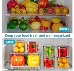 Vtopmart 냉장고 정리함 7개 세트, 냉장고용 쌓을 수 있는 과일 보관 용기, 뚜껑이 있는 냉장고 정리함 및 보관함, 야채, 과일, 음식, 음료용 배수 트레이가 있는 BPA 프리 냉장고 정리함
