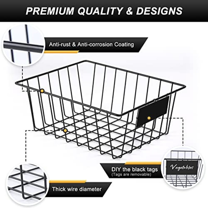 탈착식 태그가 있는 정리용 와이어 보관 바구니 8팩, 주방 캐비닛용 식품 저장실 정리함, 옷장 - 세탁실, 차고, 냉장고, 욕실 조리대 정리함용 금속 바구니, 검정색