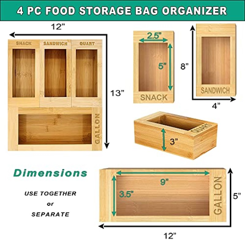 서랍용 업그레이드된 대나무 가방 정리함, 갤런, 쿼트, 샌드위치 및 스낵 슬롯이 있는 식품 보관 가방 정리함 – Baggie Organizer