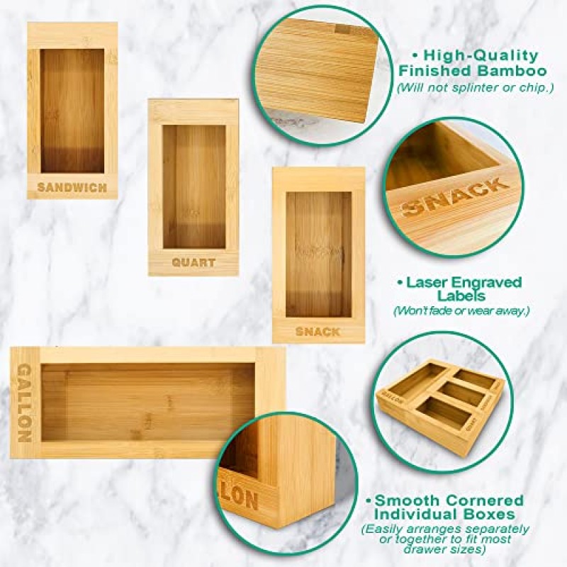 서랍용 업그레이드된 대나무 가방 정리함, 갤런, 쿼트, 샌드위치 및 스낵 슬롯이 있는 식품 보관 가방 정리함 – Baggie Organizer