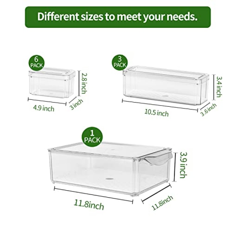 Yustuf 10팩 투명 쌓을 수 있는 냉장고 정리함(라이너 4개 포함), 플라스틱 식품 저장실 정리함 및 뚜껑이 있는 보관함 냉장고용 야채 과일 보관 용기